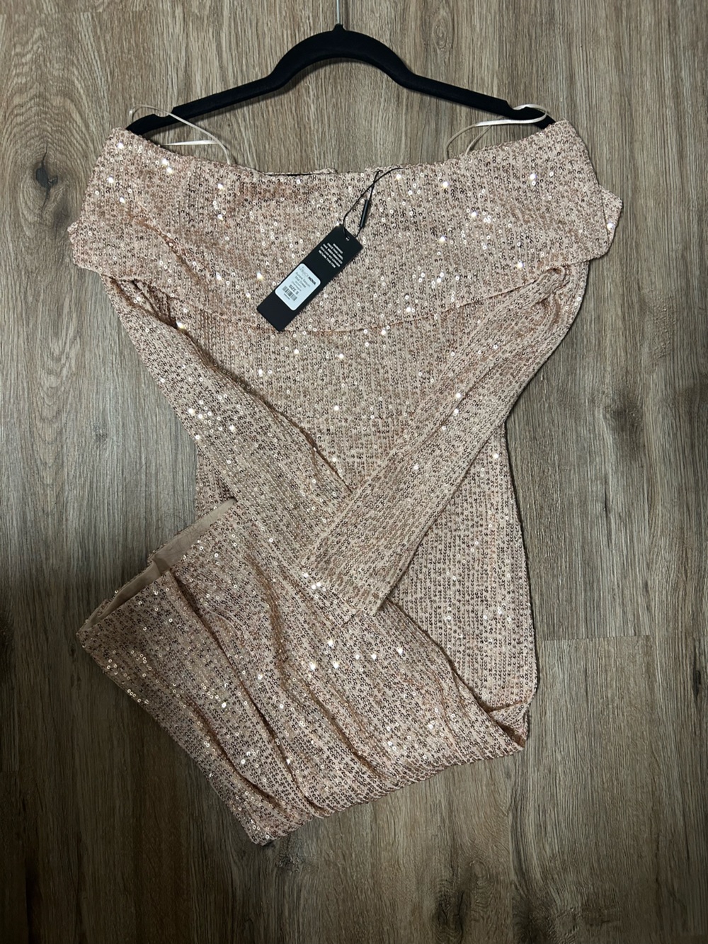 Fashion Nova Rose Gold Sequin Off-Shoulder Midi Dress